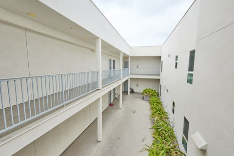 A white building with a balcony and plants on the side.