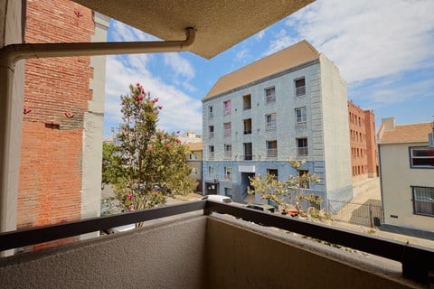 A balcony overlooks a tree and apartment buildings.