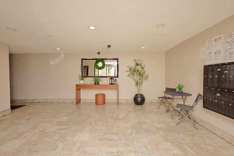 A room with a table, chairs, and plants.
