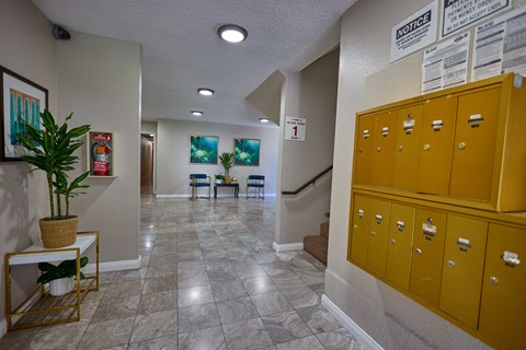 A hallway with a yellow cabinet on the right and a plant on the left.