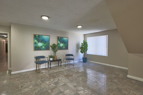 A room with a table, chairs, and two potted plants.