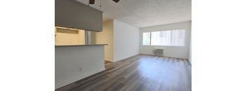 A room with a wooden floor and a window with blinds.