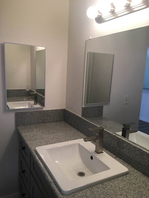 a bathroom with a white sink and a mirror