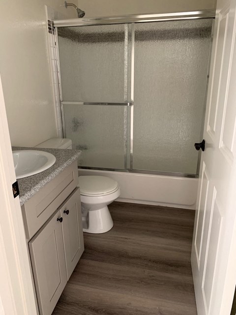 a bathroom with a shower toilet and sink