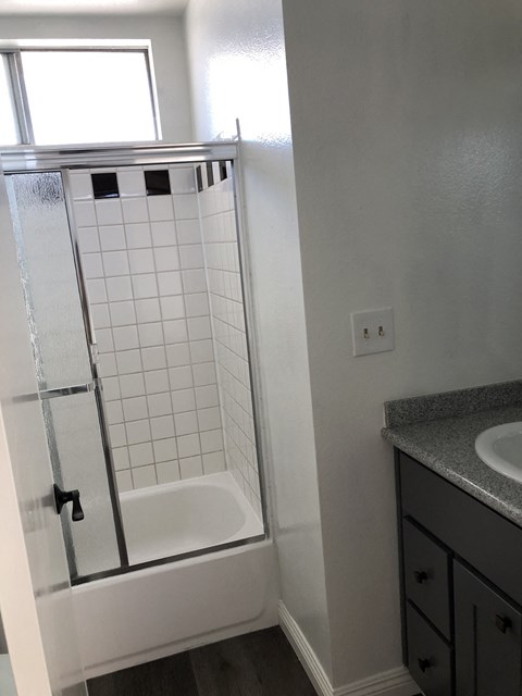 a small bathroom with a shower and a sink