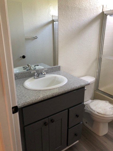 a bathroom with a sink and a toilet and a shower