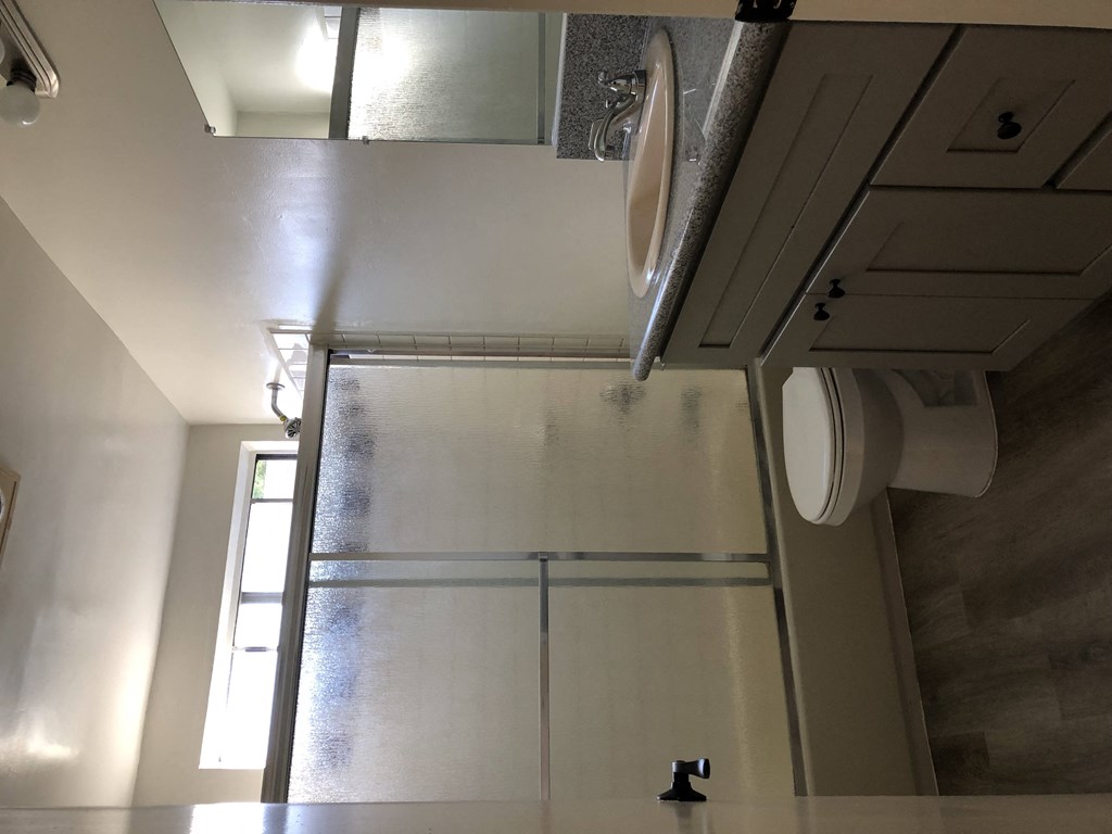 a bathroom with a shower and a toilet and a sink
