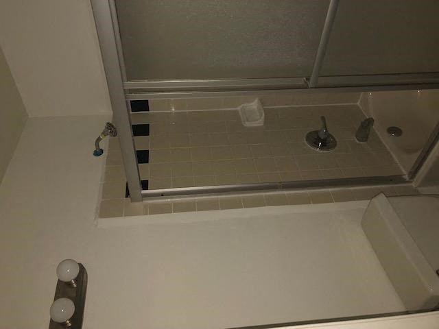 a small bathroom with a shower and a sink