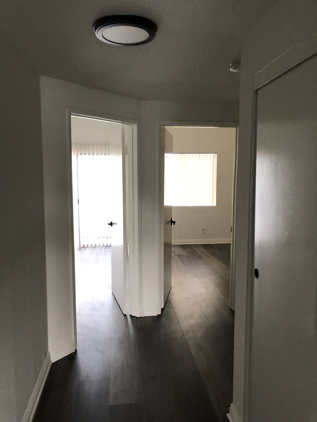 a view of the hallway from the living room looking into the dining room and kitchen