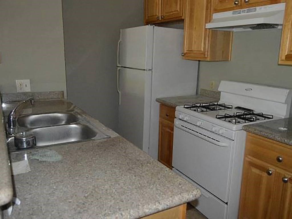 a kitchen with a stove and a sink and a refrigerator