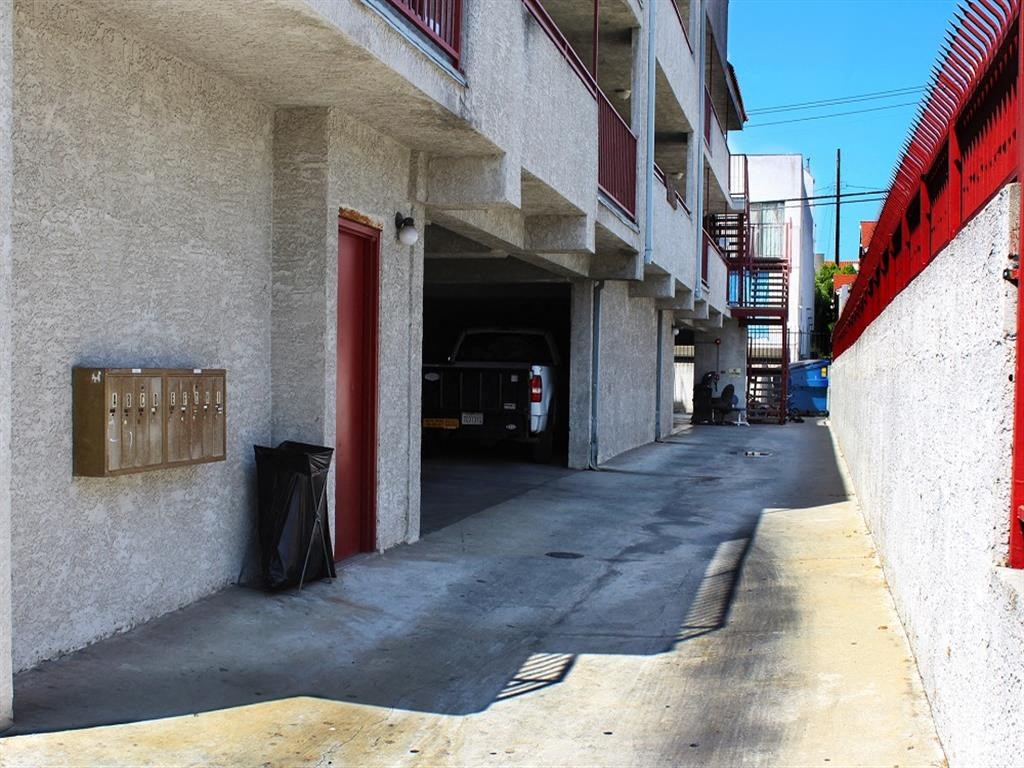a truck is parked in the garage of a building
