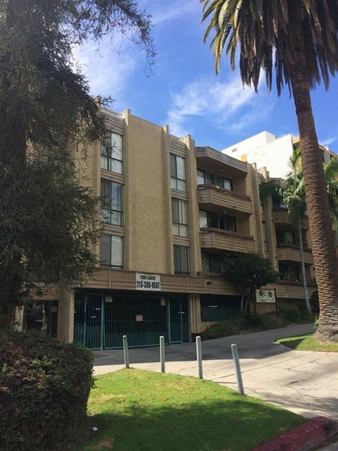 an apartment building with a palm tree in front