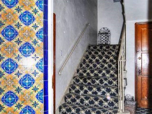 two pictures of tiles on a wall and a staircase