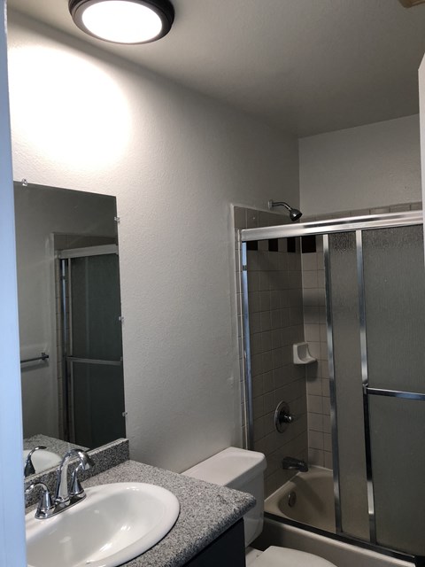 a bathroom with a shower and a sink and a toilet