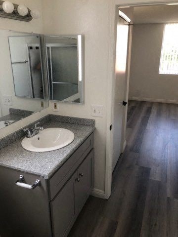 a bathroom with a sink and a mirror