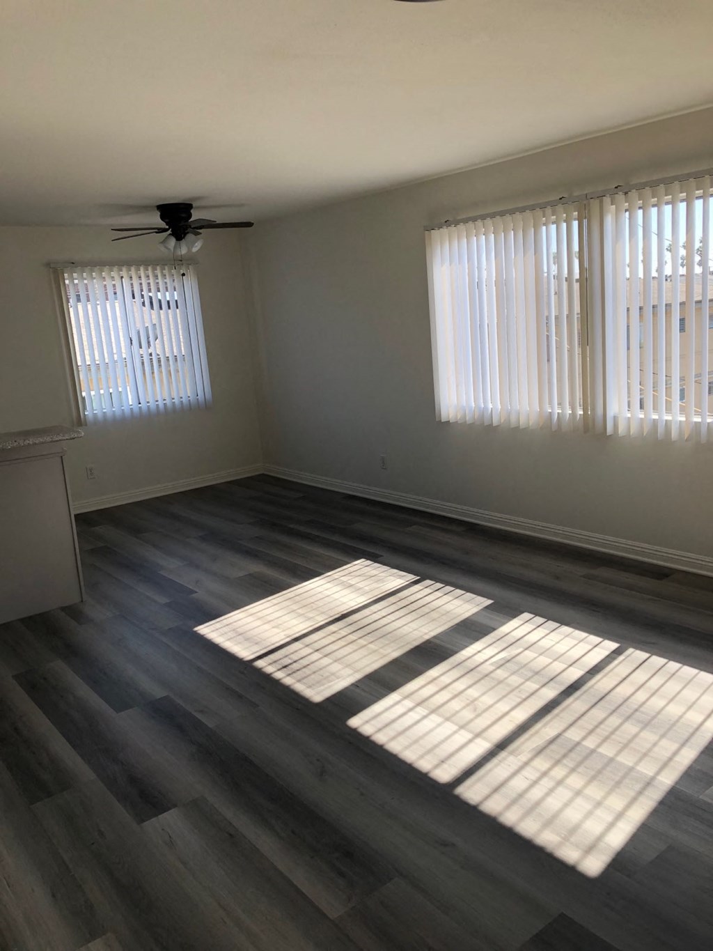 an empty living room with wood floors and windows