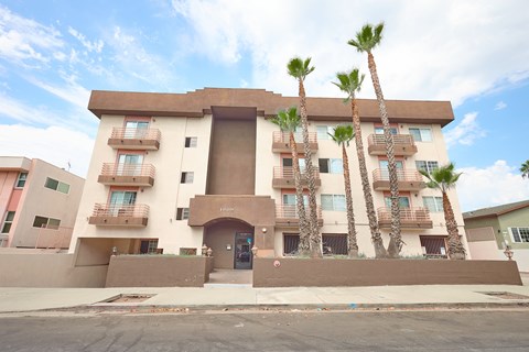 A building with a brown facade and palm trees in front.