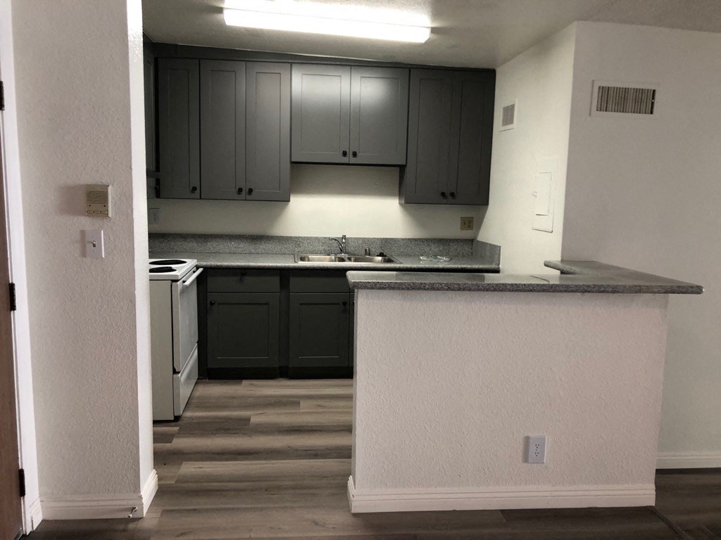 an empty kitchen with black cabinets and a counter