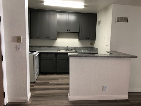 an empty kitchen with black cabinets and a counter