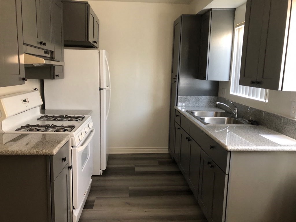 a kitchen with a stove and a sink and a refrigerator