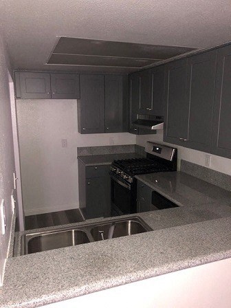 an empty kitchen with black cabinets and a sink