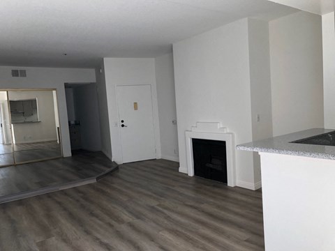 a living room with white walls and a fireplace