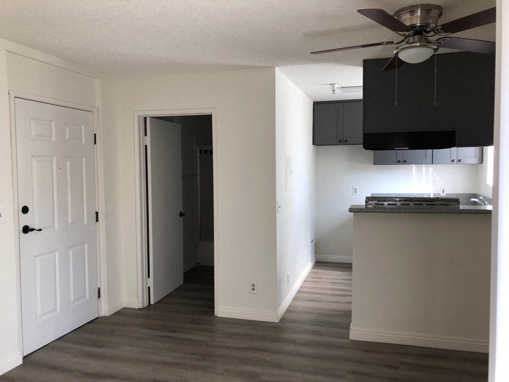 a living room with a kitchen and a ceiling fan