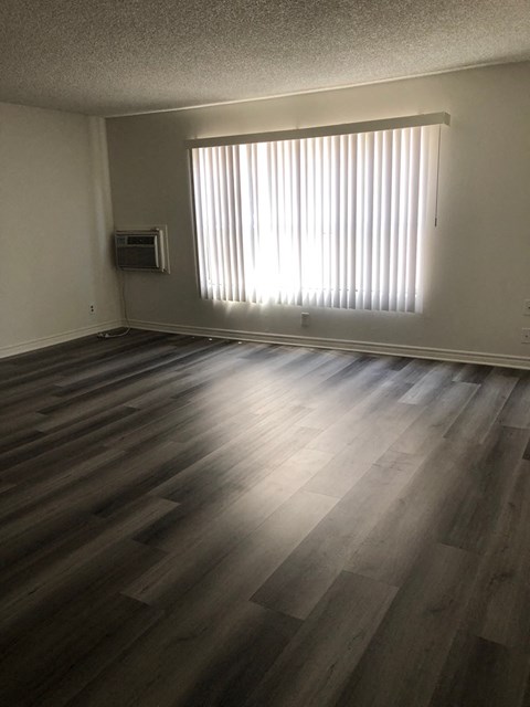 an empty living room with wood floors and a window