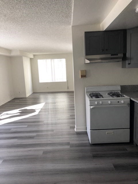 an empty kitchen with a stove and a microwave