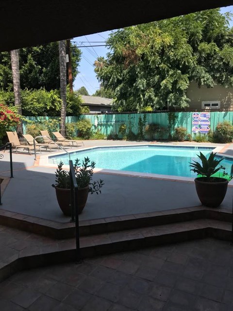 a swimming pool with chairs and potted plants next to it
