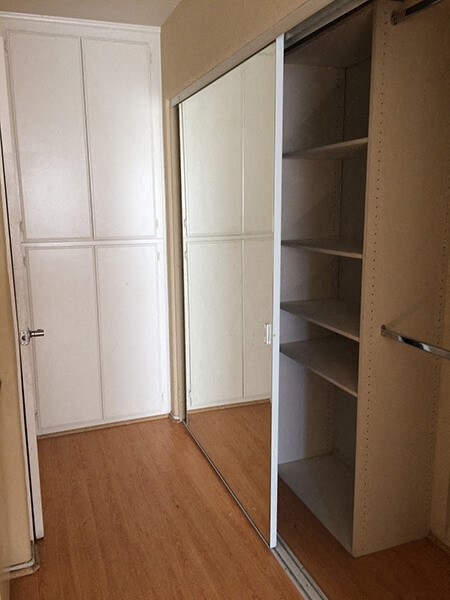 a closet with shelves and a mirrored door