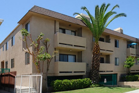 an apartment building with a palm tree in front of it
