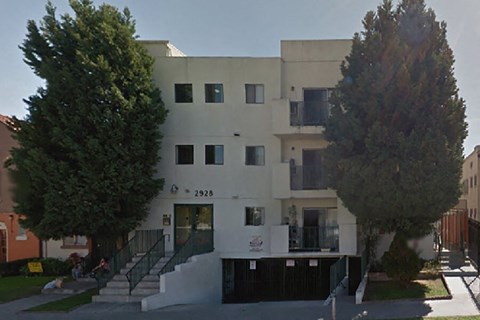 a white building with stairs and trees in front of it