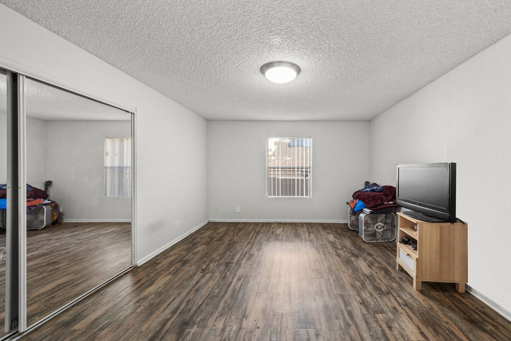 a living room with a tv and a mirrored door