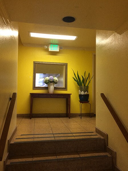 a hallway with a mirror and a vase with flowers