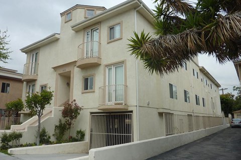 a white building with a balcony and a palm tree