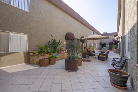 a patio with tables and chairs and potted plants