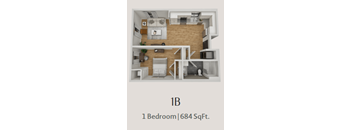 A 1 bedroom apartment is 684 square feet.