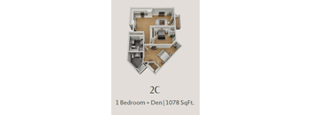 A 2C apartment with 1 bedroom and den is 1078 square feet.