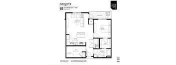A black and white image of a floor plan for a Granite Works apartment.