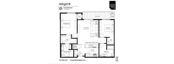 A black and white image of a two bedroom Granite apartment floor plan.