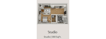 A 580 square foot studio apartment with a living room, kitchen, and bathroom.