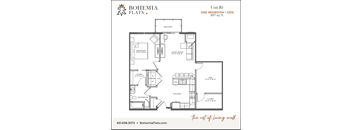 A floor plan for Bohemia Flats shows a one bedroom apartment with a den and living room.