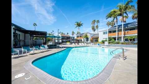 A large swimming pool with a blue tinted water.