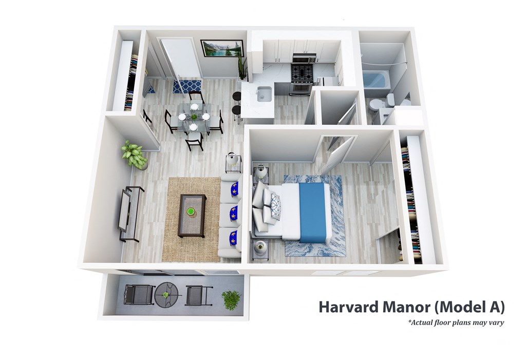 1-bedroom floor plan image of the harvard manor apartments in dallas, tx at Harvard Manor, Irvine, CA