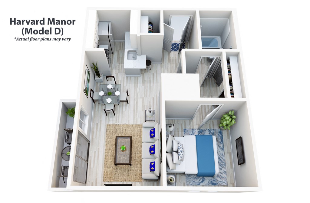 1-bedroom floor plan an open concept living room and kitchen with a dining area and a living room at Harvard Manor, Irvine, 92612