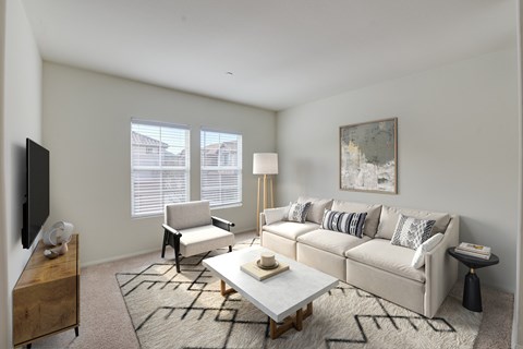 a living room with a couch and a coffee table and a tv