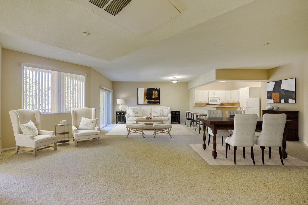 a living room and dining room with white furniture and beige carpet  at Tesoro Senior Apartments, Porter Ranch, 91326