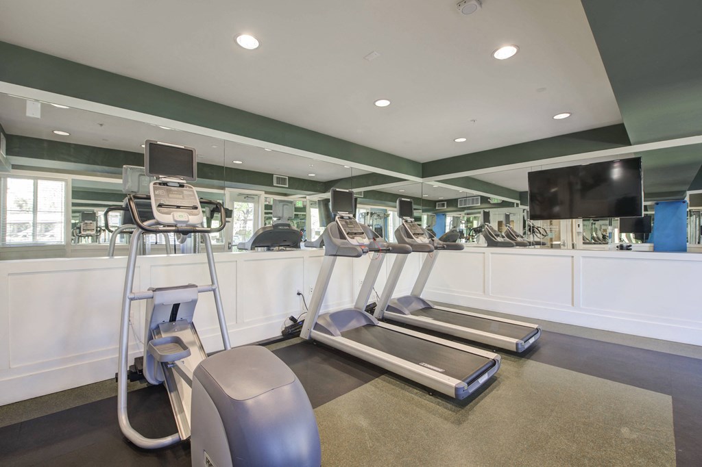a gym with treadmills and elliptical trainers  at Ventana Senior Apartments, Northridge, CA, 91326