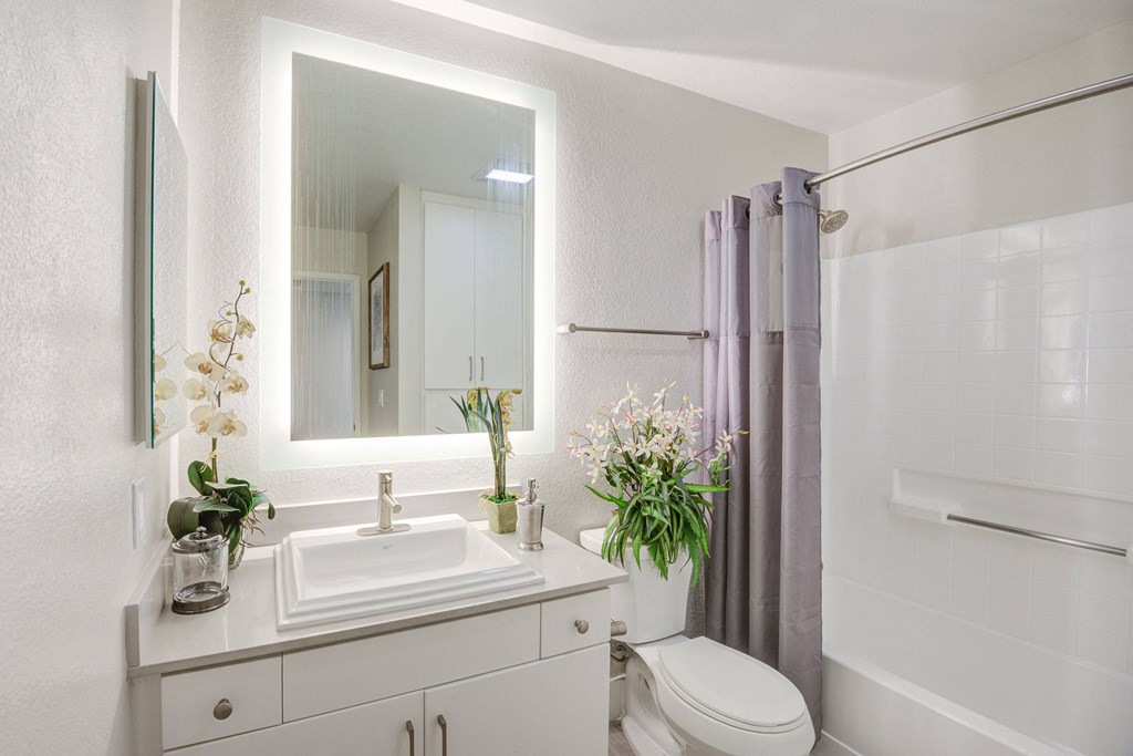a bathroom with a white toilet next to a white sink with a mirror above it  at Laguna Gardens Apts., Laguna Niguel, CA, 92677